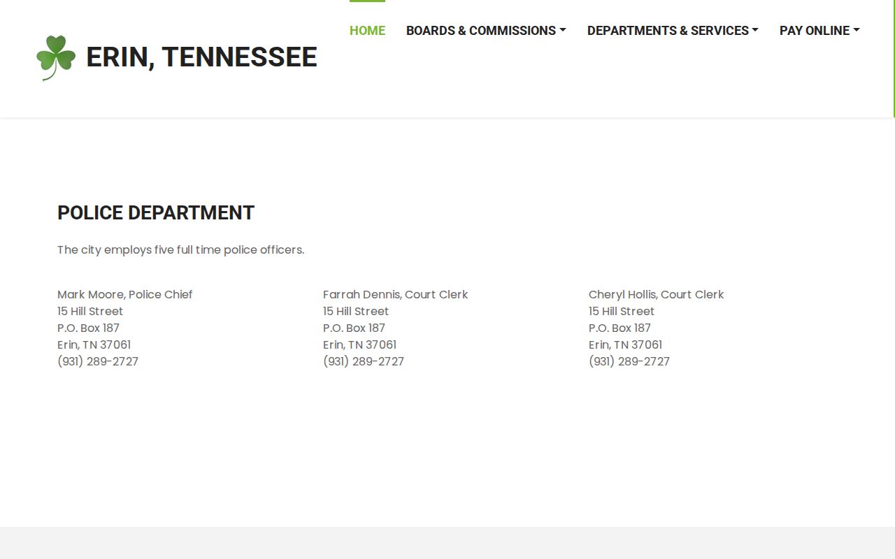 Erin warrant records contact, official Police Department and City Court Clerks