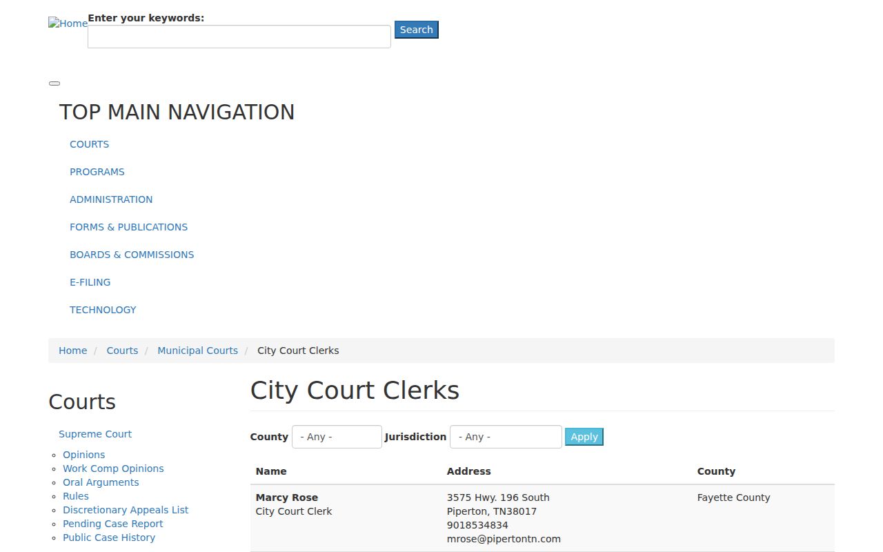 Houston County municipal warrant routing, Tennessee Ridge City Court Clerk in the AOC directory
