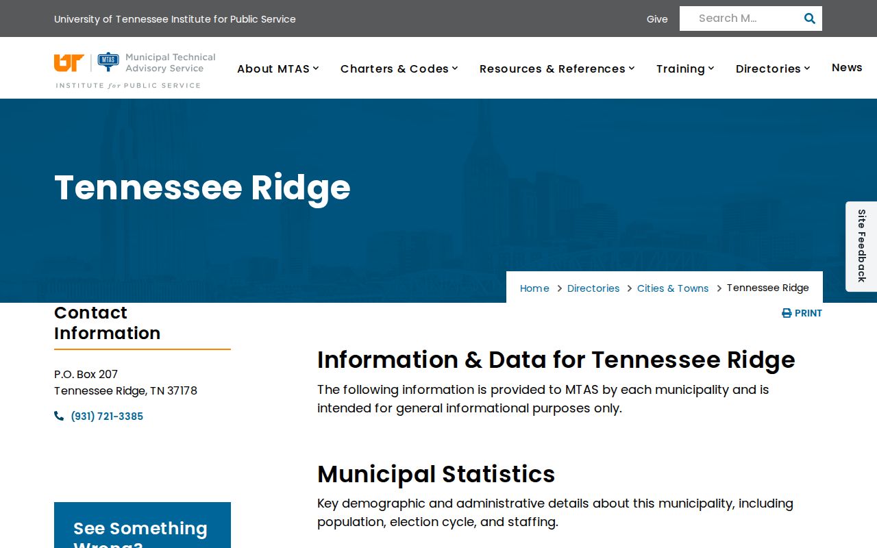 Tennessee Ridge warrant reference, UT MTAS city directory and municipal code topics