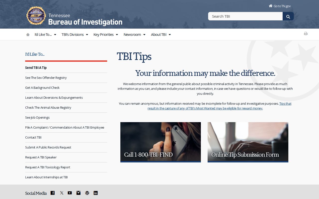 Houston County warrant tip guidance, anonymous online TBI tip form