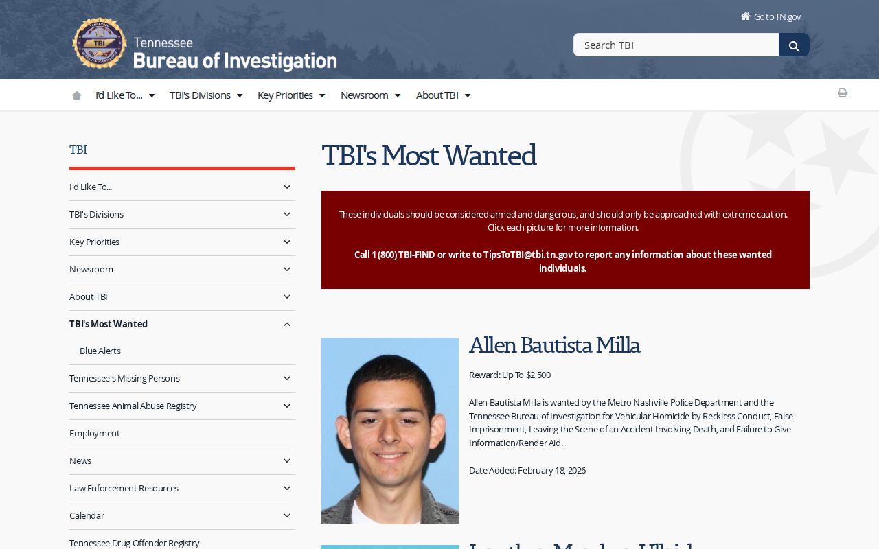 Houston County warrant resource comparison, TBI curated statewide Most Wanted program page