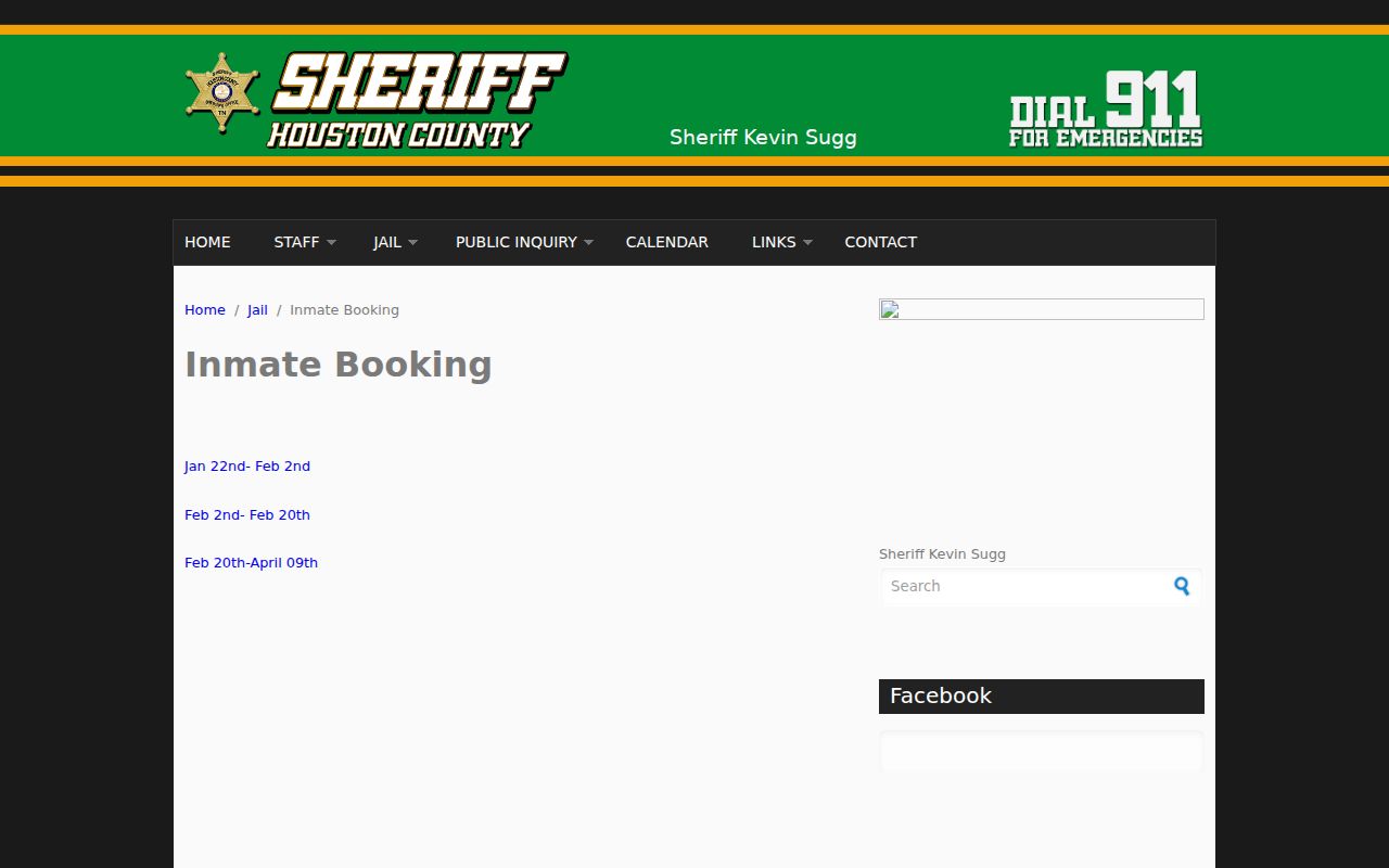 Houston County active warrant research, Sheriff's booking report date-range interface